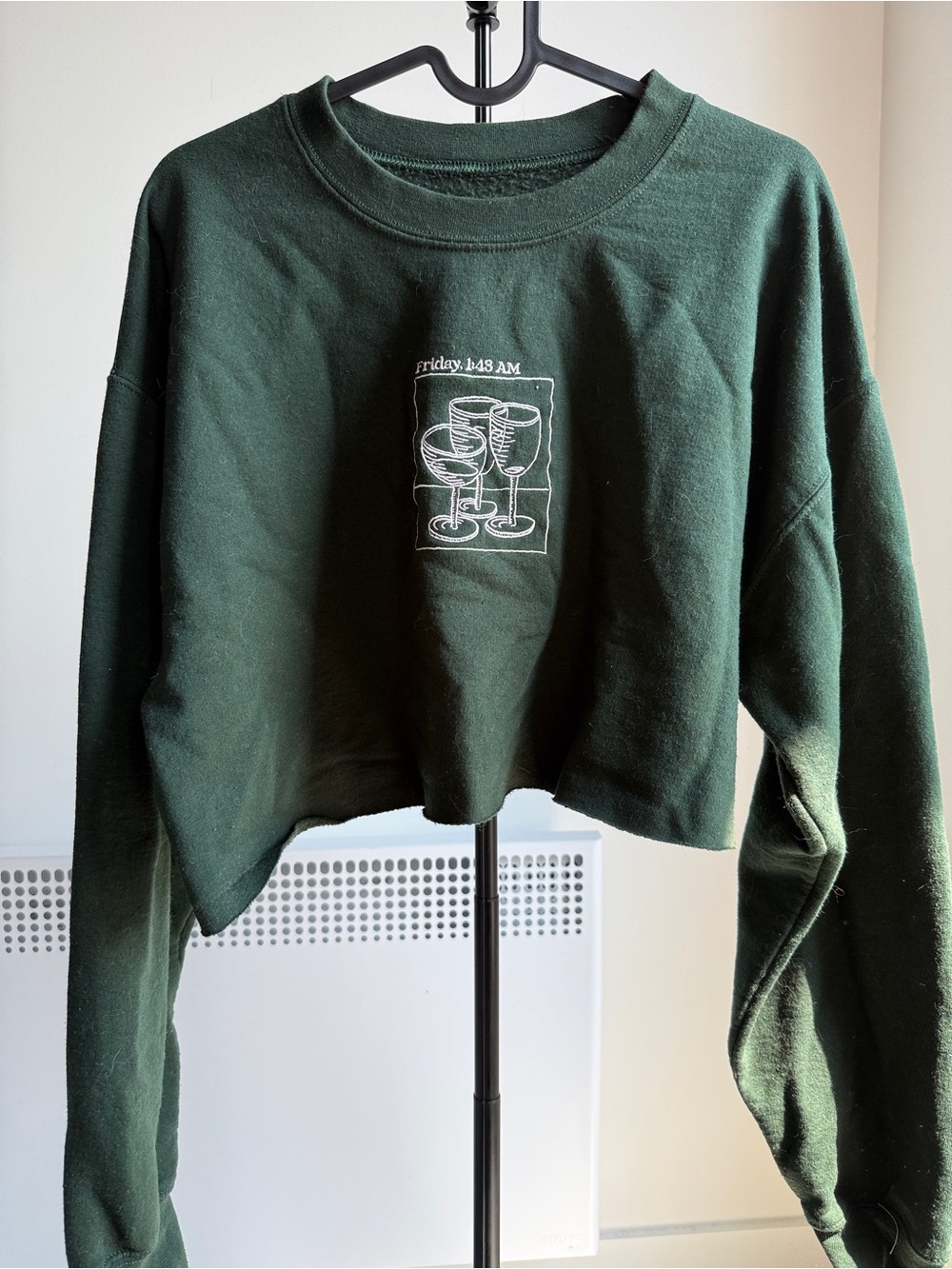 Forest Green Cropped Sweatshirt with Wine Glass Graphic